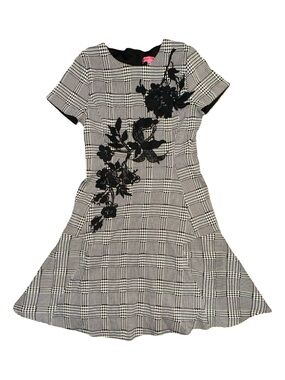 Betsey Johnson Black & White Plaid Dress with Black Floral‎ Appliqué, 0